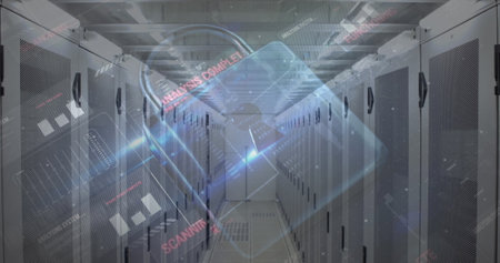 Image of digital padlock over servers. internet security, data safety and technology concept...