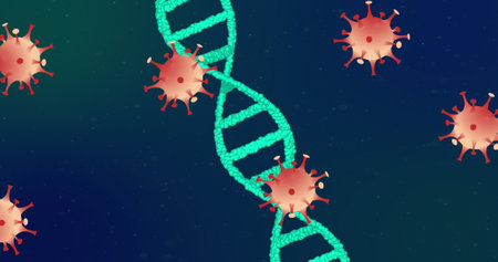 Image of covid 19 cells moving and dna strand spinning. global covid 19 pandemic and healthcare concept digitally generated image.の写真素材