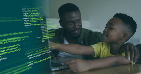 Image of data processing over happy african american father and son using laptop. Family, spending...