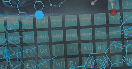 Image of dna strand, scientific data processing over periodic table. global science, chemistry and data processing concept digitally generated image.の写真素材
