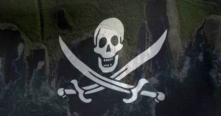 Image of pirate&#39;s flag waving over coast and sea. Globe and maps concept digitally generated image.の写真素材