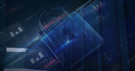 Image of digital padlock over navy background. internet security, data safety and technology concept digitally generated image.の写真素材