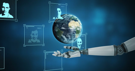 Image of user photos over globe and arm of robot. digital resources and technology concept digitally...