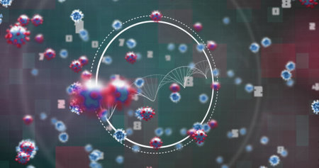 Image of dna strand and virus cells on black background. global medicine and digital interface...