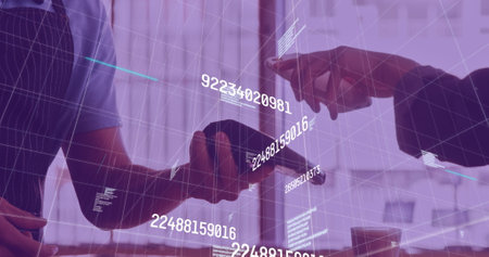 Image of data processing over diverse people paying with smartphone. global finances, computing and digital interface concept digitally generated image.の写真素材