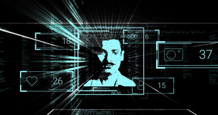 Pixelated male face floating in virtual cyber tunnel, with UI panels showing icons and timer....