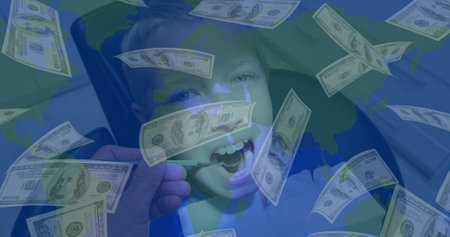 Image of american dollar banknotes falling over world map and painting of caucasian boy. business,...