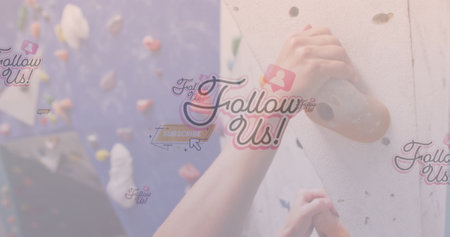 Social media concept icons floating against close up of caucasian fit woman wall climbing at the gym. sports, fitness and social media networking technology conceptの写真素材