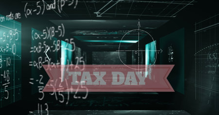 Image of tax day text and data processing on black background. global business and digital interface...