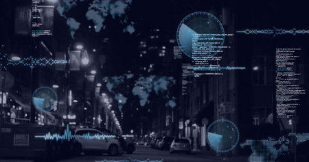 Image of graphs and data processing over cityscape. transport, traffic, navigation and technology...