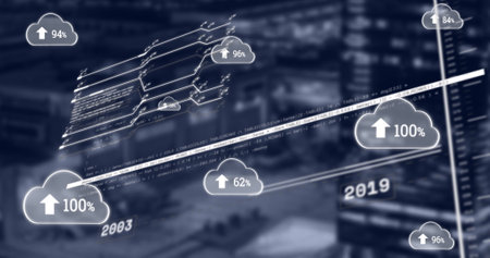 Image of clouds with uploading and data on blurred navy cityscape. global network, cloud computing,...