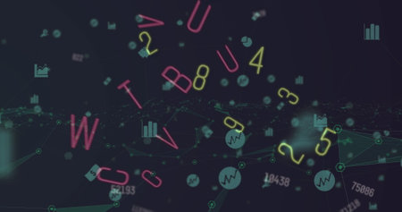 Image of letters, numbers, icons and connections moving on black background. data processing and...