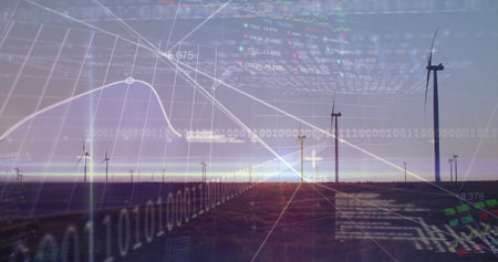 Image of financial data processing binary coding over wind turbines. global environment,...
