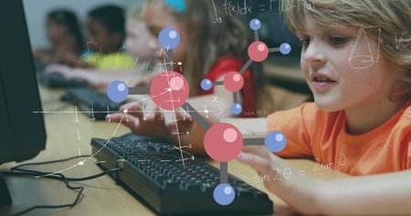 Image of chemical icons over diverse schoolchildren using computers. global education and school...