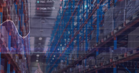 Image of financial data and graphs over warehouse. business, finance and delivery services concept...