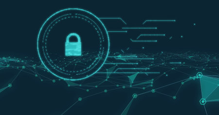 Image of digital padlock, connections on black background. data safety, internet security and...