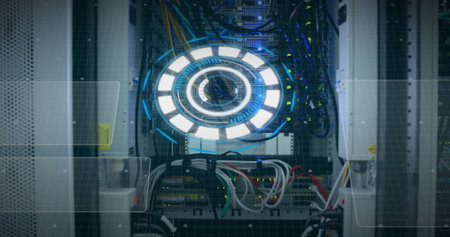 Image of scope scanning and data processing over cables in computer server in background. global...