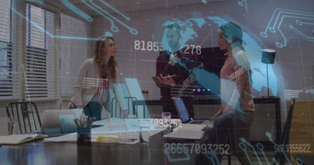 Image of data processing over caucasian business people talking. global business and digital...