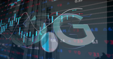 Image of 5g text, statistics and data processing. global data processing, digital interface and...