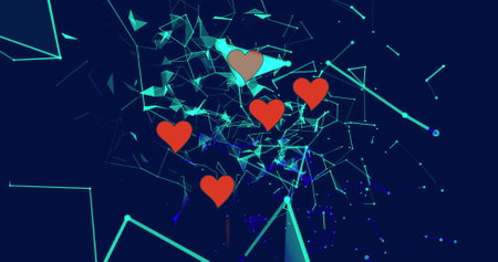 Image of hearts floating over navy background with shapes. shape, colour and movement concept...