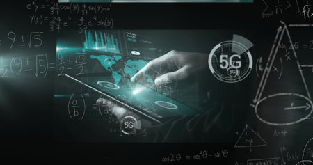 Image of scientific data on screens over black background with math formulas. science, biology and...