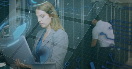 Image of scope scanning, data processing over caucasian it man and woman fixing computer server....