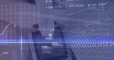 Showing overlay on screen, with binary, grid, line chart, stock tickers and percent changes....