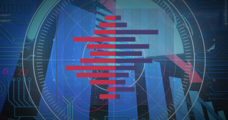 Image of financial data processing over dark background. Global science, connections, data...