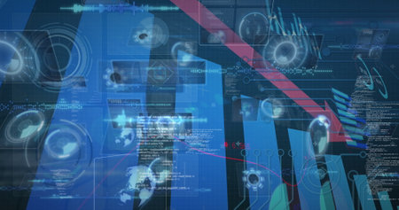 Five coworkers collaborating in business office, overlaying social media icons and connection lines