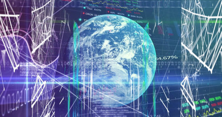 Image of data processing, globe and connections on navy background. global data processing, network,...