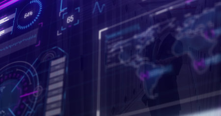 Image of data processing over dark background. Global science, connections, data processing and...