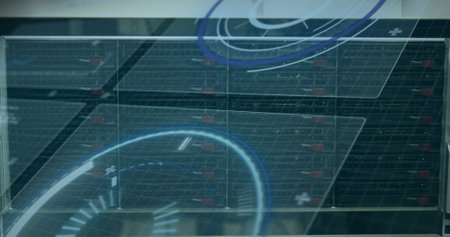 Image of digital scope over server room. Global science, connections, data processing and digital...