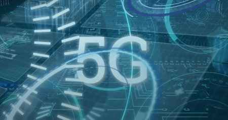 Glowing 5G text streaming across virtual network grid, with circuit board patterns, data flow lines....