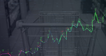 Financial data processing and world map against empty shopping cart in grocery store. Global finance...
