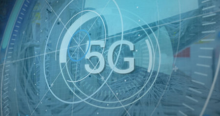 Displaying digital 5G overlay pulsing in data center, with network cables and equipment racks....