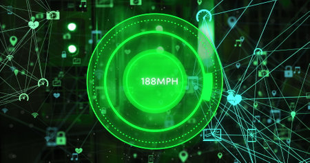 Image of network of connections over server room. Cloud computing, digital interface and security concept digitally generated image.の写真素材