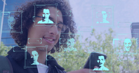 Image of arrows and icons over businessman using smartphone. Global data processing digital...