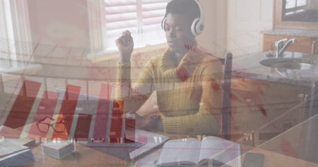 Image of data processing over african american woman using laptop. Global science, connections, data...
