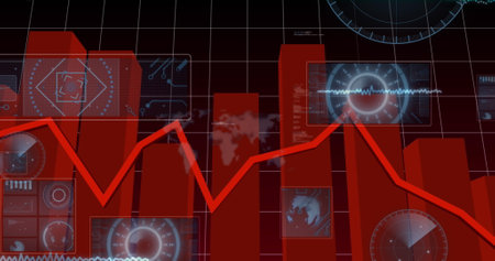 Image of statistics and data processing on grey background. Global business finance and connections concept digitally generated image.の写真素材