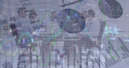 Image of financial data and graphs over diverse businesspeople working in office. Business, finance...