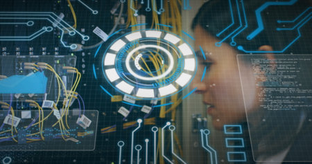 Image of round scanner and data processing over female engineer working at server room. Computer...