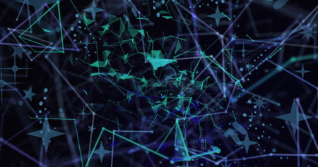 Image of network of connections with icons over data processing. Science light and colour concept...