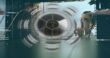 Digital HUD displaying floating bar charts, line graphs and numeric readouts inside curved frame
