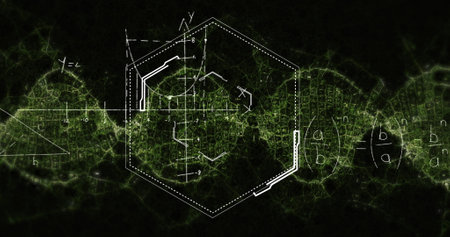 Image of data processing and shapes on black background. global science and digital interface concept digitally generated image.の写真素材