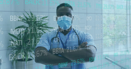 Image of data processing over diverse male doctor. Global medicine science communication and digital interface concept digitally generated image.の写真素材