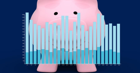 Image of piggy bank over financial graphs on navy background. Finance, economy, savings and home budget concept digitally generated image.の写真素材