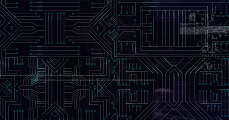 Image of microprocessor connections over data processing against black background. Computer...