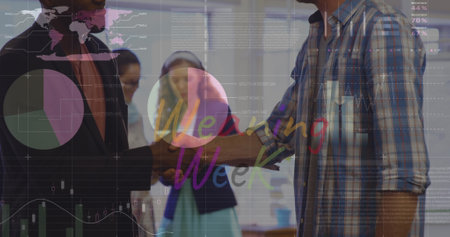 Image of weaning week text and data processing over diverse businessmen shaking hands. Business data and analytics conceptの写真素材