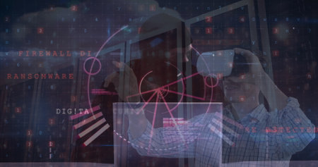 Image of cyber security data processing over male hacker and caucasian man wearing vr headset. Cyber...