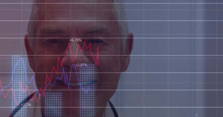 Image of financial graphs over happy senior caucasian male doctor looking at camera. Health,...